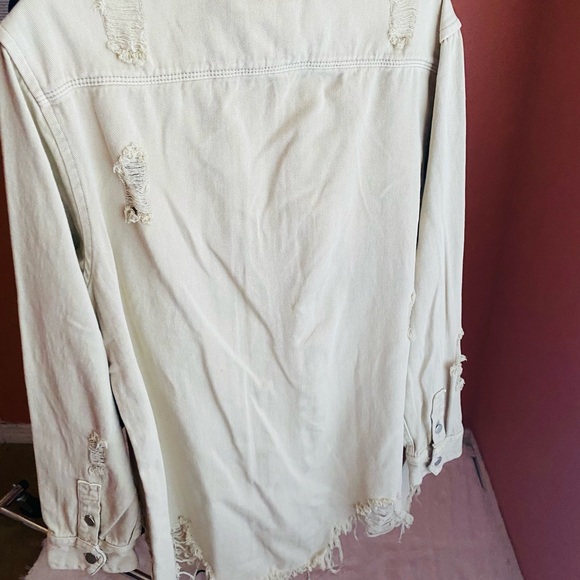 American Bazi Full Size Distressed Button Down Denim Jacket in Sand - Picture 10 of 11